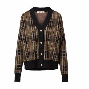 Auth Oversized Marni Virgin Wool V Neck Cardigan Check Print Plaid IT 40 (US 6)